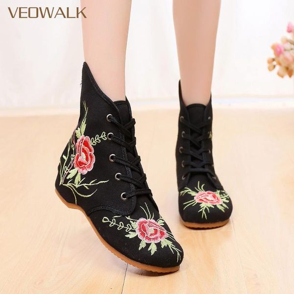 

veowalk chinese flowers embroidery women canvas short boots vintage low heels ladies comfort cotton embroidered autumn shoes, Black