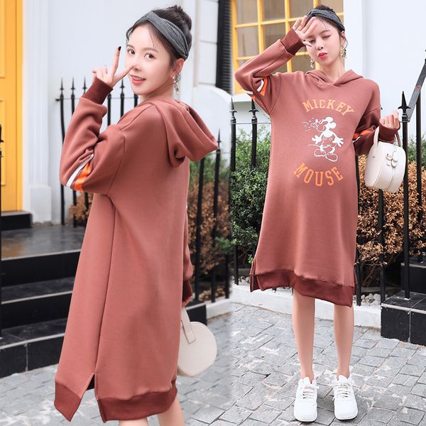 

pregnant women autumn and winter brushed thick hoodie skirt cotton blend loose plus-sized hoodie dress, White