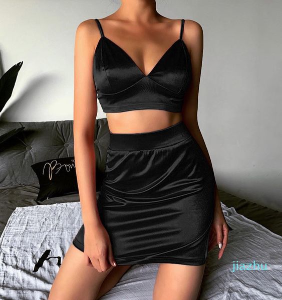 Fashion-2020 Verão Mulheres Dois Peças Sexy Cetim Top e Mini Saias Alta Cintura Mini Lápis Vestidos Terno Para Senhoras Sexy vestidos casuais conjunto