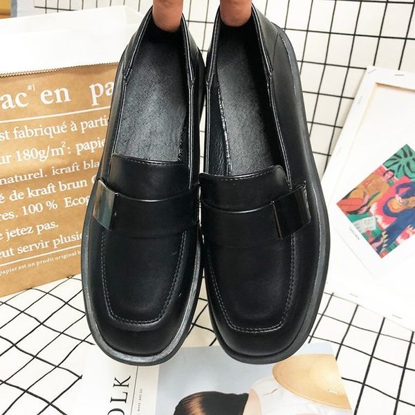 

autumn solid leather flats oxfords shoes for women slip-on retro shoes thick bottom platform metal buckle casual woman, Black