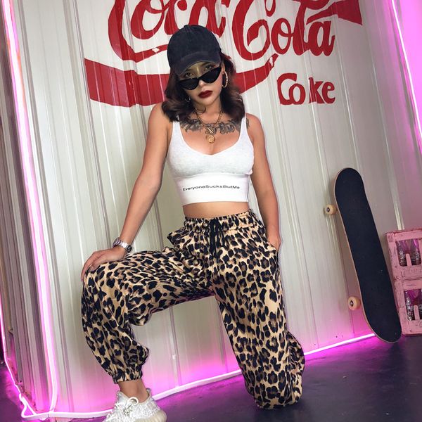 

women's pants & capris leopard print cargo women spring autumn loose 2021 lacing trousers oversized hip hop streetwear sweatpants, Black;white