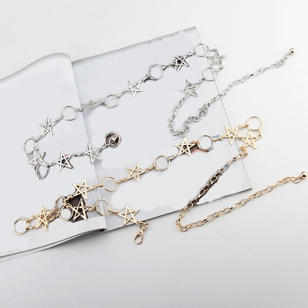

fashion stars pentagram chain belt women waistband narrow waist belt metal chain gold silver long tassel female 2020, Black;brown