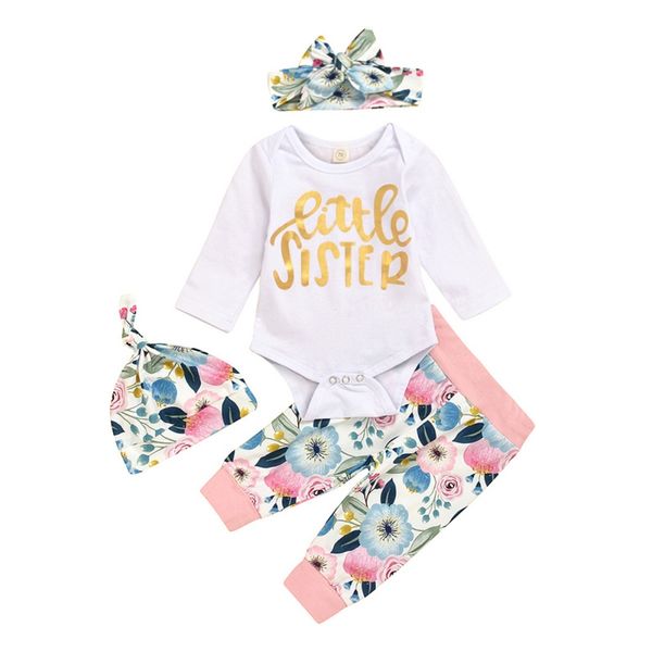 

4pcs toddler infant baby girls sets little girl long sleeve romper long pants hat newborn outfits set casual clothes, White