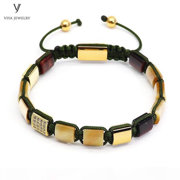 

luxury gold-color men bracelet golden tiger eyes square beads & pave setting beads braided macrame bracelet jewelry for men gift, Golden;silver
