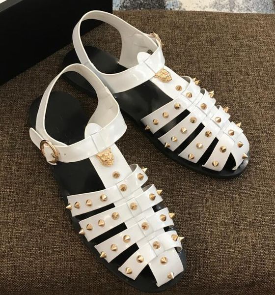 

orignal box new hiphop tiger mens rivet flat heels casual sandals genuine leather party beach cool slipper shoes 38-45 cs04, Black