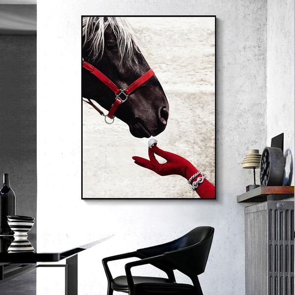 

Wall Art Poster Black Horse Red Gloves Canvas Painting Wall Art Picture for Living Room Home Decor (No Frame)