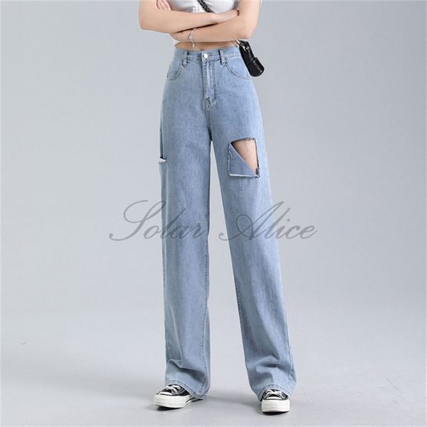 

women's jeans 2021 summer high waist ripped straight mopping trousers, Blue