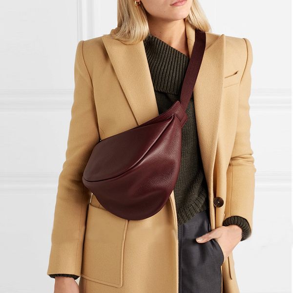 

2020 spring woman new wine black color shoulder crossbody bag wide single zipper belt half moon pu leather chestbag all match