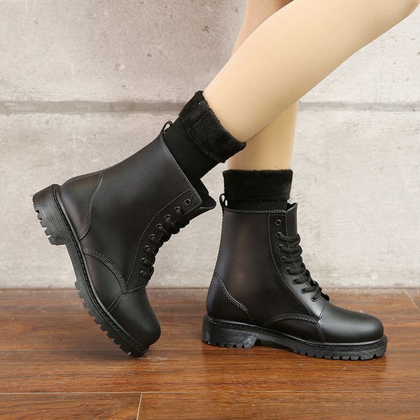 

womens fashion rainboots waterproof shoes woman mud water shoes rubber lace up pvc ankle boots sewing rain boots plus size 44, Black