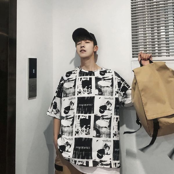 

summer new european and american printed men's t-shirt korean round neck fake two ins handsome short sleeve t-shirt, White;black