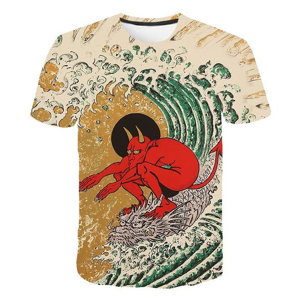 

factory direct foreign trade summer new cartoon devil surfing european and american fashion digital printing short-sleeved t-shirt men, White;black
