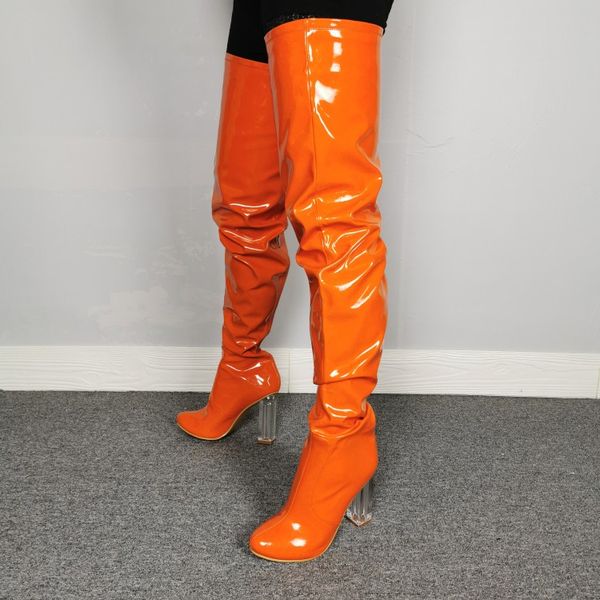 

over the knee performance orange patent leather fluorescent color point toe side zipper fashion solid color women's boots, Black