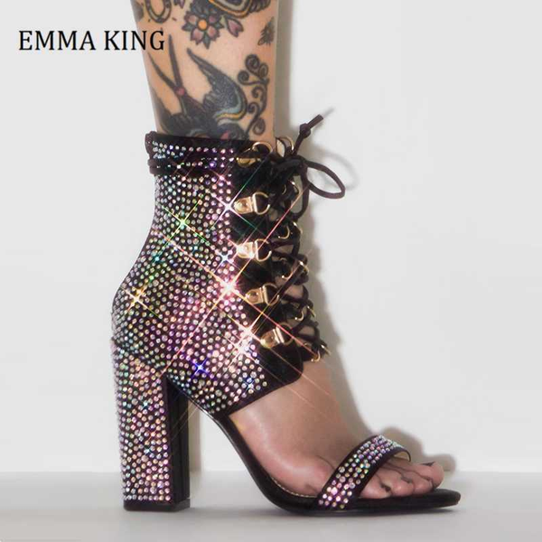 

2020 new bling bling rhinestone chunky high heels sandals lace up ankle wrap crystal shoes open toe lady party dress shoes, Black