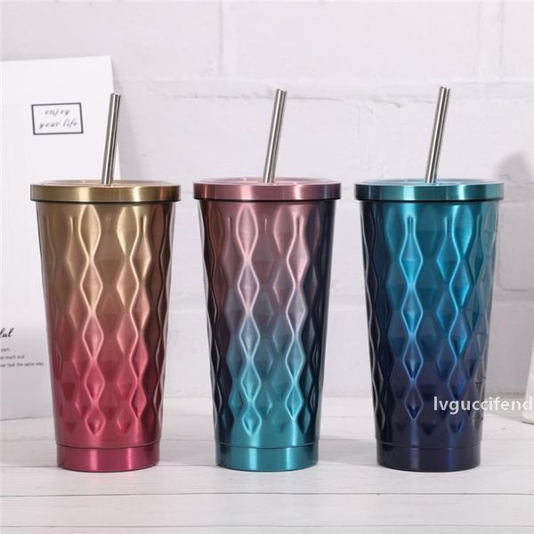 

500ml drink cup stainless steel tumbler double wall coffee cup with straw 3 colors on promotion