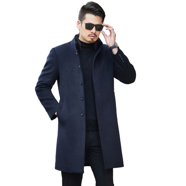 

single long & coats breasted casual mens blend jackets full winter for male wool overcoat and mink hair fur collar, Black