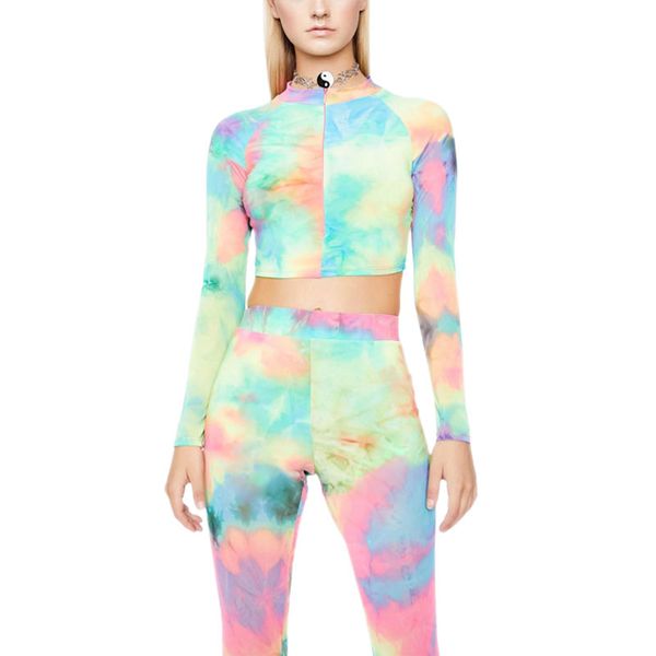 

gym clothing women zipper long sleeve cropped shirt high-waist pants casual yoga running tie-dye outfits elastic sports fitness suit, White;black