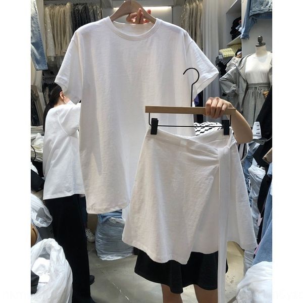 

korean dongdaemun 2020 lace lace skirt new round neck solid color short-sleeved t-shirt + lace-up skirt two-piece set for women, Gray