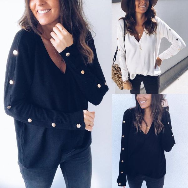 

women fashion button t shirts solid v neck long single breasted sleeve loose lady unique casual long blouse ol t shirts, White