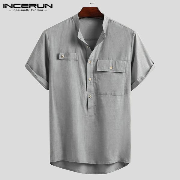 

incerun summer cotton men shirt brand solid stand collar short sleeve 2020 casual blouse chic streetwear camisas harajuku, White;black