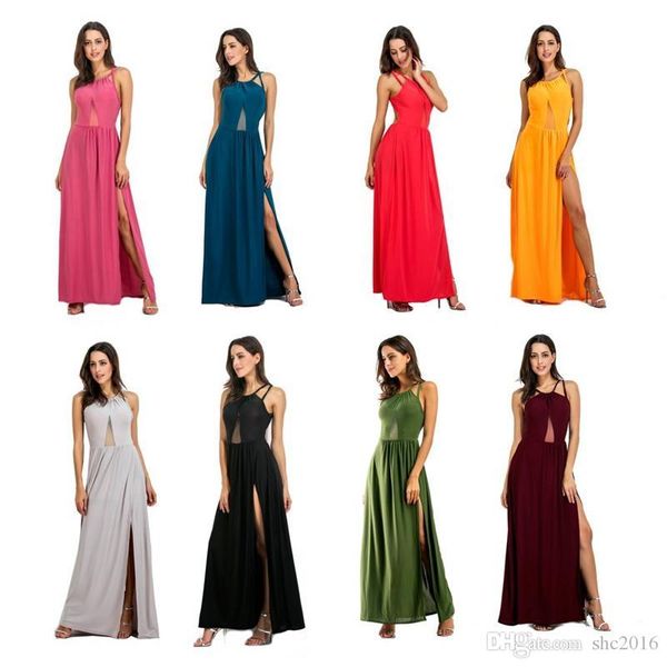 

women dress fashion spaghetti strap sleeveless vest sling hollow out back split elegant lady casual long beach dresses skirt sz s-2xl, Black;gray