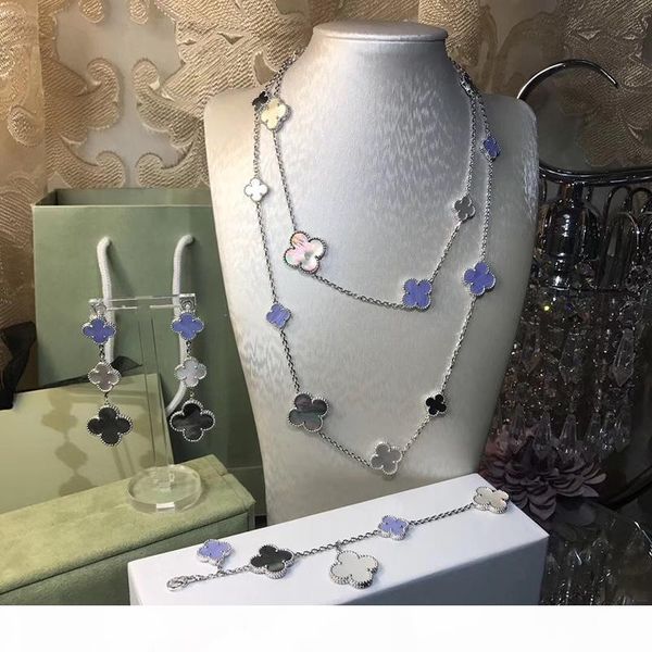 

brand wholesale 925 silver four leaf flower jewelry set for women wedding necklace bracelet earrings jewelry set mother shell clover jewelry, Black