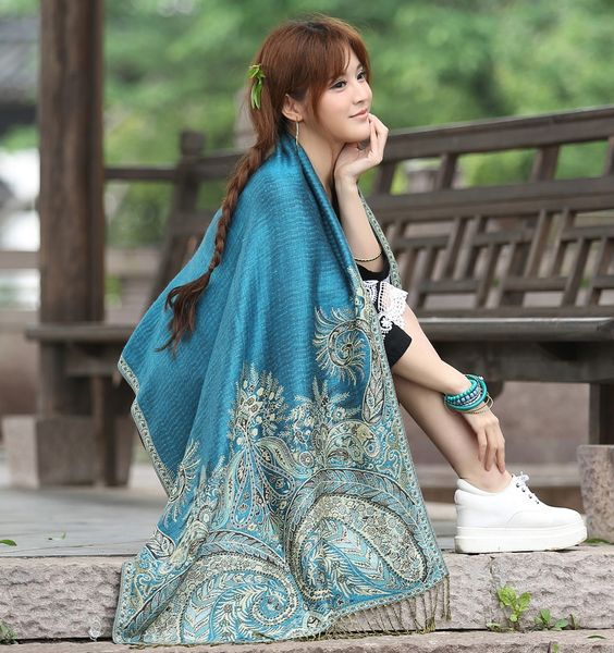 

9pbei lijiang ethnic style jacquard scarf ethnic shawls tassel shawl autumn thickened extra large cotton linen female shawl scarf dual-purpo, Blue;gray