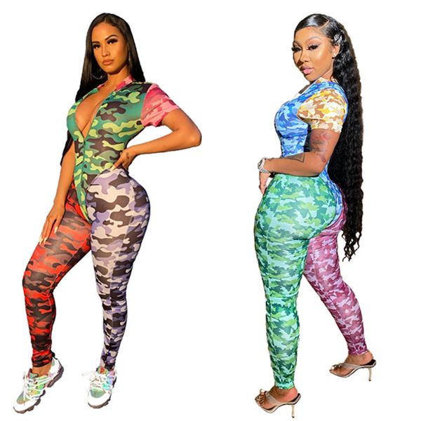 

fashion patchwork color jumpsuits short sleeve zipper camouflage rompers onesies ladies casual jumpsuit pullover nightclub suit s-2xl, Blue