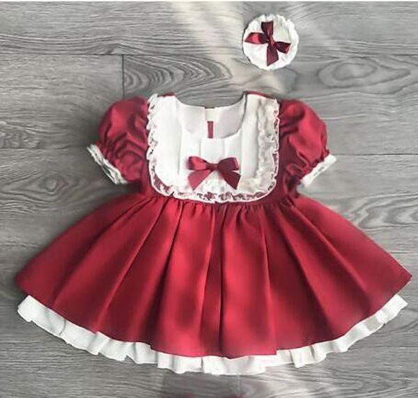 

one piece retail 2020 girl lace bow dresses princess spain dress puff sleeve party dress with headbands spanish baby clothes, Red;yellow
