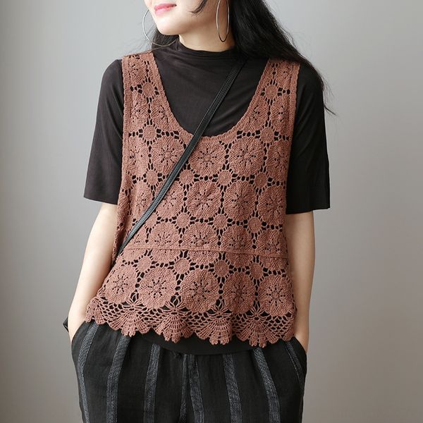 

wsu2w 2020 cotton line hooked hollow women's season new artistic loose sleeveless vestvest 2020 cotton line hooked hollow women's, Black;white