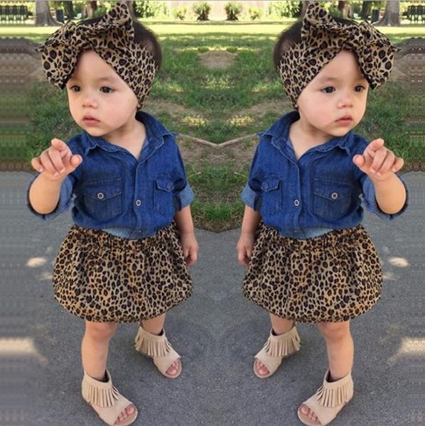 3 ADET Toddler Infantil Bebek Kız Elbise Moda Kot Gömlek Leopar Etek Kafa Çocuk Giysileri seti Kıyafetler M156