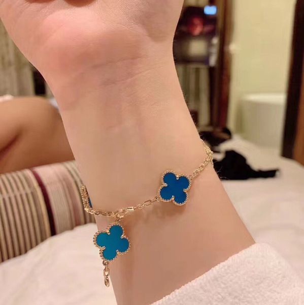 

designer bracelets s925 sterling silver blue ceramic five flower bracelet highlight fashion exquisite gifts for women, Golden;silver