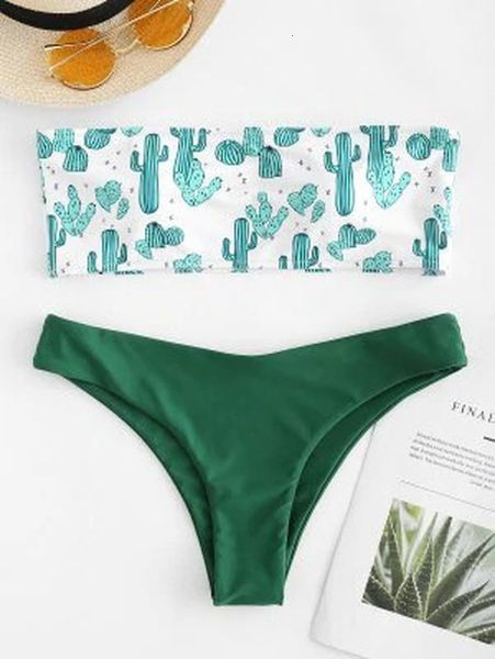 

cactus print brazillian swimsuit women bikini off shoulder swimwear monokini padded thong bikini biquini maillot de bain, White;black