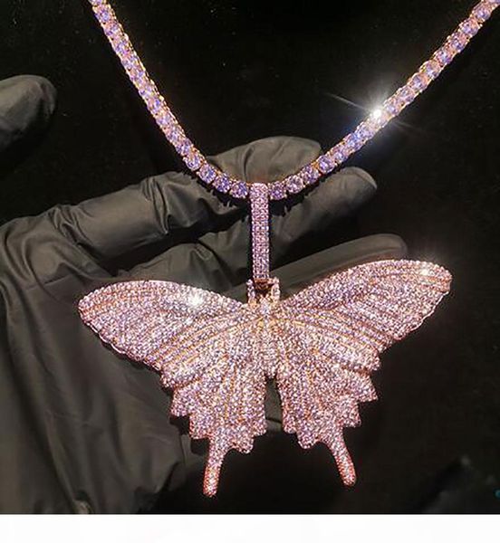 

14k iced out pink butterfly pendant necklace bling bling micro pave cubic zircon pendant christmas party jewelry, Silver