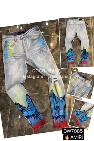 

2020 new fashion mens jean street black holes white stripes jeans hiphop skateboard pencil pants g#140, Blue