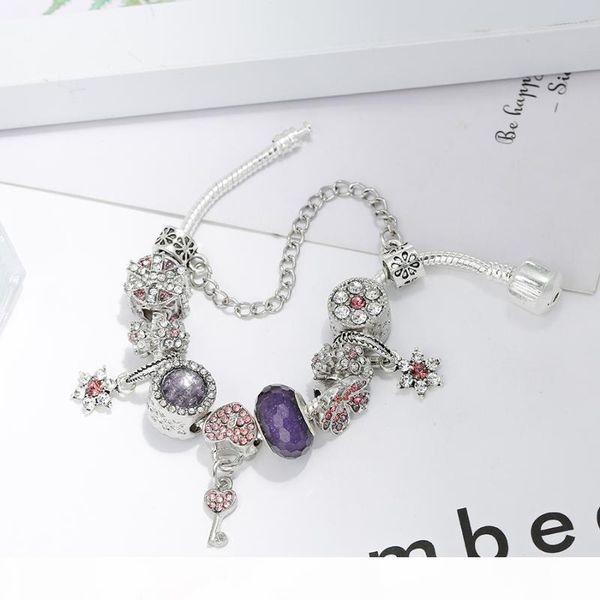 

buipoey purple crystal heart lock charm bracelets for women girls shiny flowers pendant gift box beaded bangle original jewelry, Golden;silver