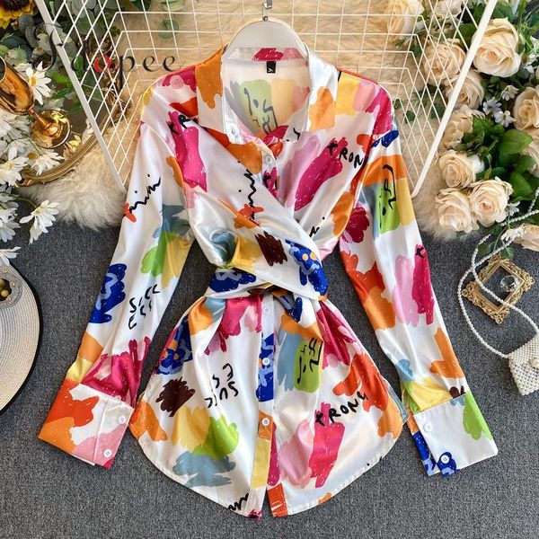 

womens and blouses temperament female band waist irregular fashion casual turn-down collar tie dye plus size wome, White