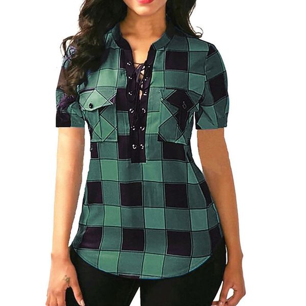 

women striped plaid blouse shirts causal short sleeve v neck shirt bandage pockets plus size 5xl 2020 mujer blusas office, White