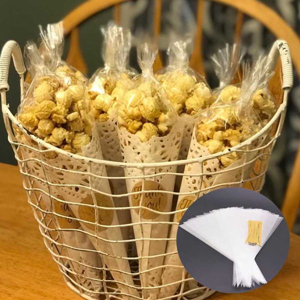 

50pcs clear cellophane cone transparent plastic gift bags gold twist ties diy wedding birthday party cookie seal bag supplies