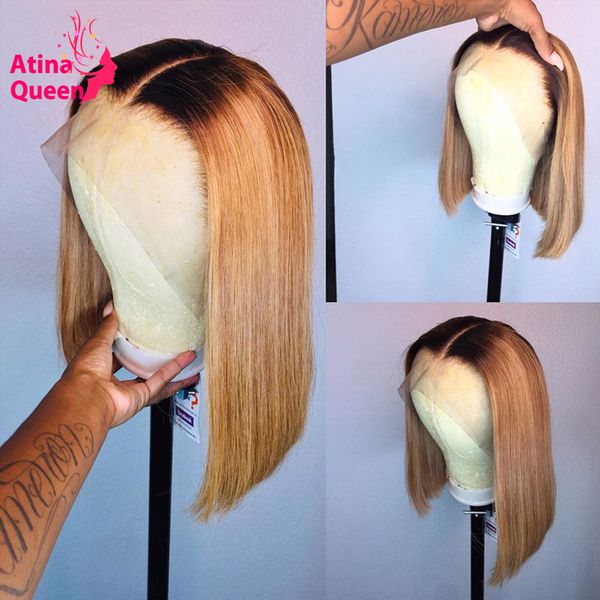 

ombre bob wig 13x6 invisible lace front wigs preplucked color honey blonde human hair wig short wigs remy can be dyed for women, Black