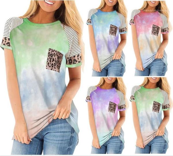 

pocket tshirt ladies summer casual women leopard panelled tshirt loose short sleeve crew neck casual, White