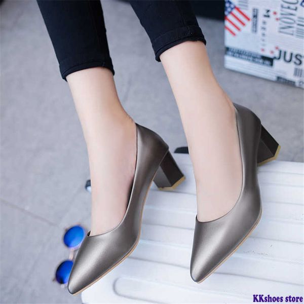 

pointed toe soft leather square heel 5 cm high heels pumps women shoes simple office comfortable wild shallow female shoes, Black