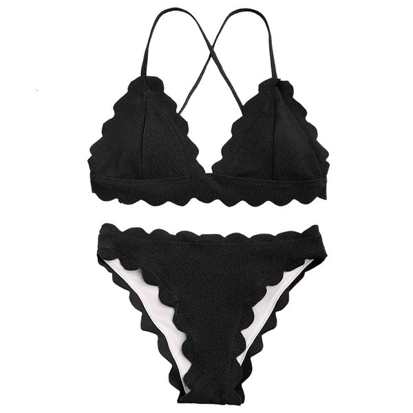 

женщины купальники scalloped criss cross бикини set мягких бретельки бикини женщин купальник sexy твердой пляж купального костюм бикини, White;black