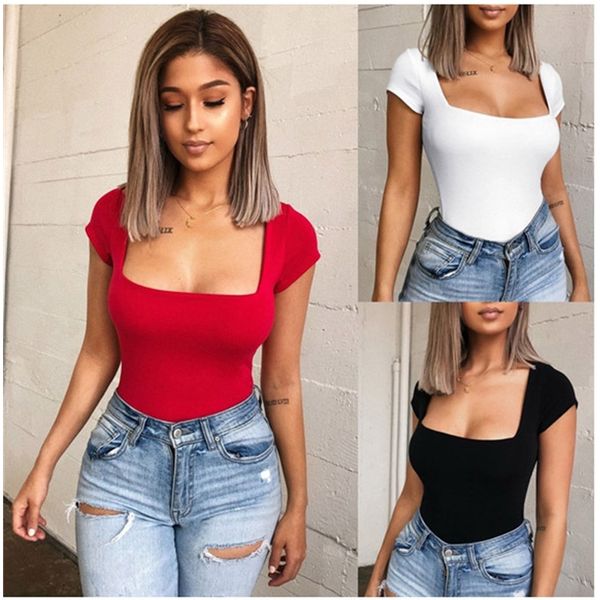 

romper women bodysuit short sleeve 2020 summer new solid jumpsuits club square neck bottoming shirt women clothings, Black;white