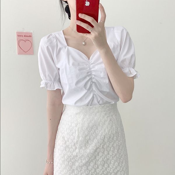 

new girls summer blouse v neck shirt short sleeves high waist bud silk lace embroidery a line skirts two two piece suits, White