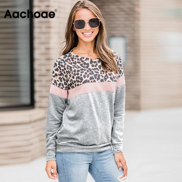 

women's hoodies & sweatshirts aachoae 2021 autumn sweatshirt women fashion leopard print patchwork hoodie casual stripe long sleeve pul, Black