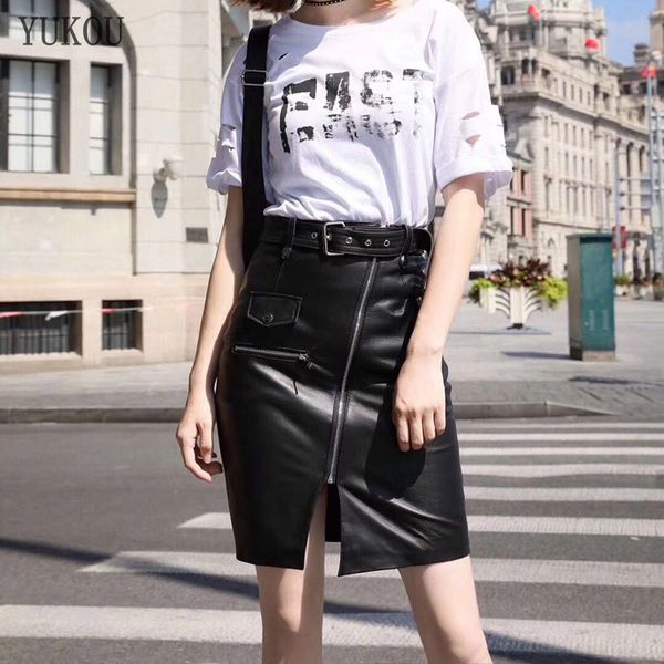

women natural 100% 2020 fashion knee-length skirt real sheepskin leather sashes decorate, Black
