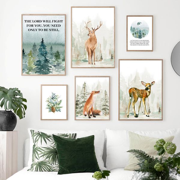 

fox олени pine forest иллюстрация котировки скандинавские плакаты и распечатывает стены искусства холст стены картины картины для гостиной д