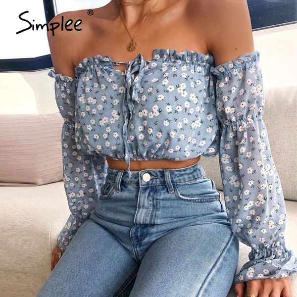 

simplee shoulder lace women's lace lantern sleeve high waist holiday style women's shirt spring and summer 2020 new, White