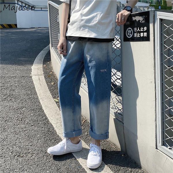 

men jeans denim gradient color plus size 3xl loose ankle-length korean panelled fashion leisure embroidery mens trousers, Blue