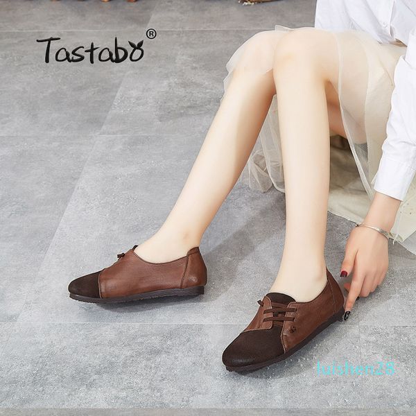 

tastabo genuine leather handmade women shoes simple style brown khaki s118-2 soft bottom shoes color matching driving l28, Black